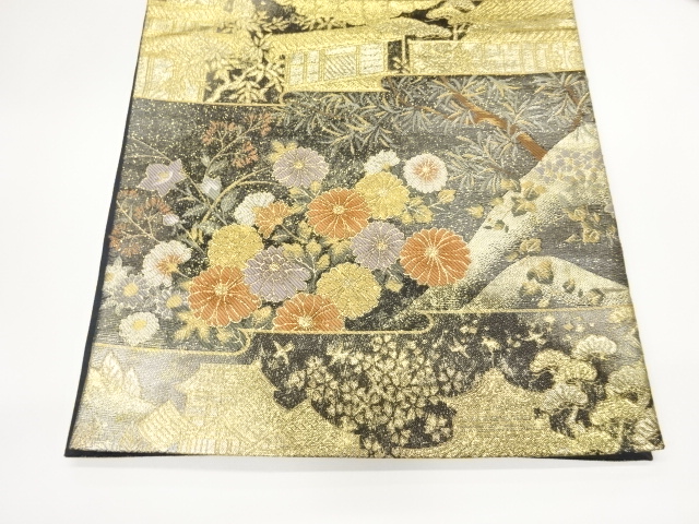  引箔秋草に寺・横段模様織出し袋帯